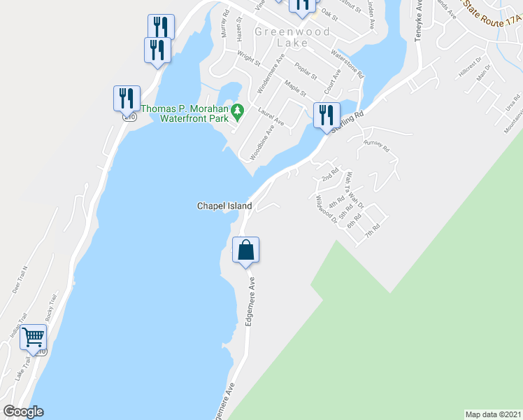 map of restaurants, bars, coffee shops, grocery stores, and more near 11 Timber Hill in Greenwood Lake
