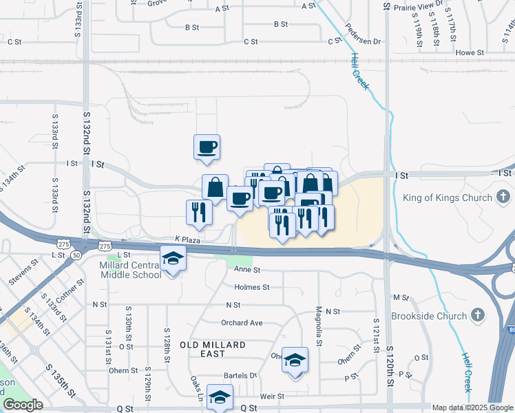 map of restaurants, bars, coffee shops, grocery stores, and more near 12500 K Plaza in Omaha