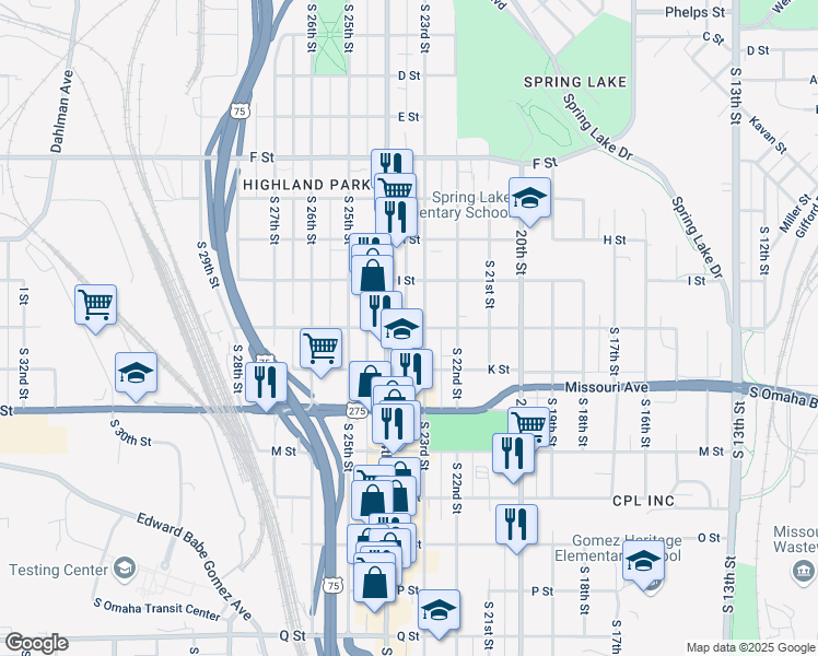 map of restaurants, bars, coffee shops, grocery stores, and more near 2312 J Street in Omaha