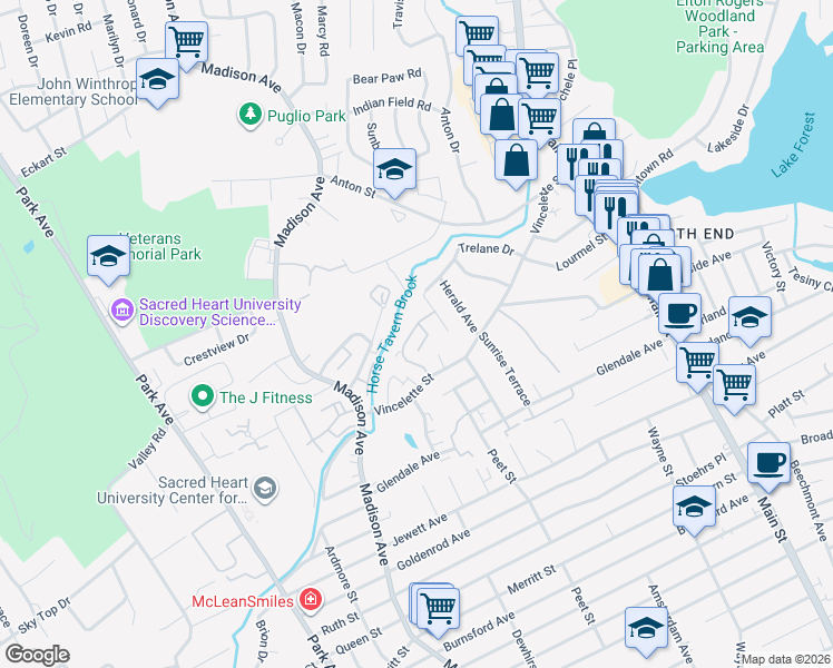 map of restaurants, bars, coffee shops, grocery stores, and more near 64 Kennedy Drive in Bridgeport