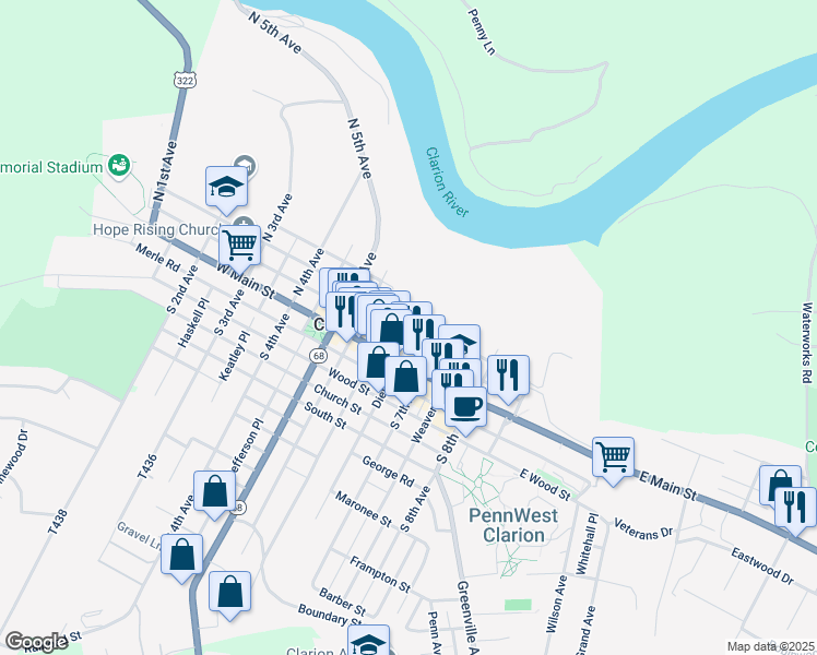 map of restaurants, bars, coffee shops, grocery stores, and more near 625 Main Street in Clarion