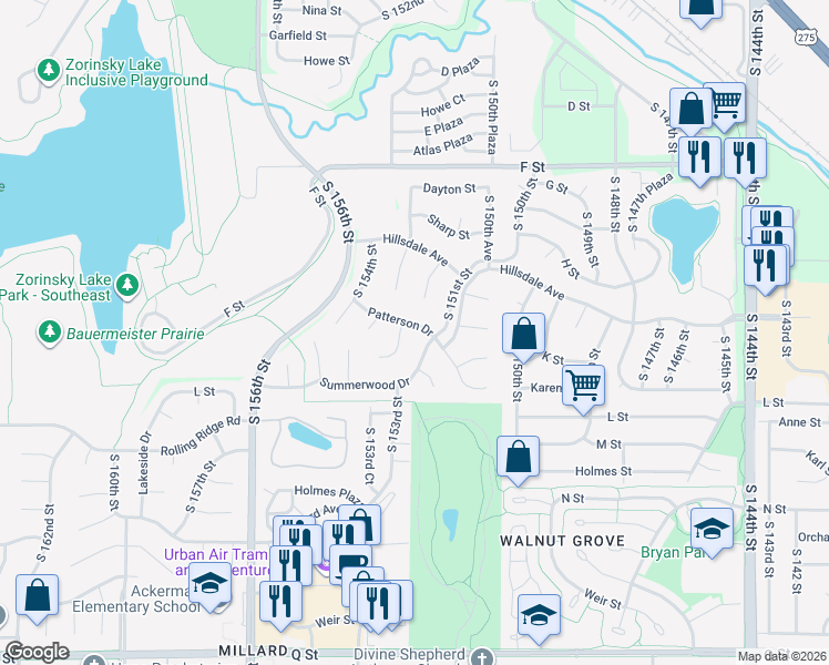 map of restaurants, bars, coffee shops, grocery stores, and more near 15116 Summerwood Drive in Omaha