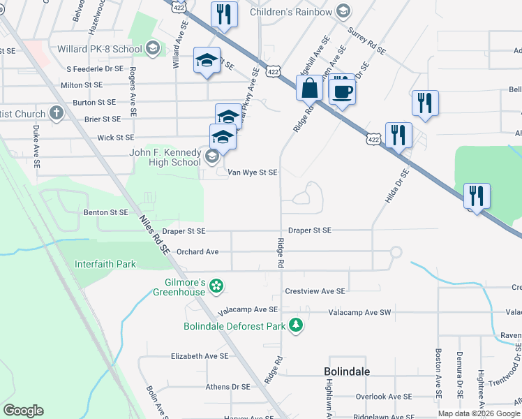 map of restaurants, bars, coffee shops, grocery stores, and more near 2634 Ridge Road in Cortland