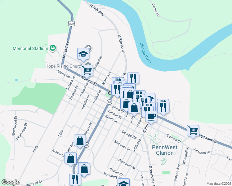 map of restaurants, bars, coffee shops, grocery stores, and more near in Clarion