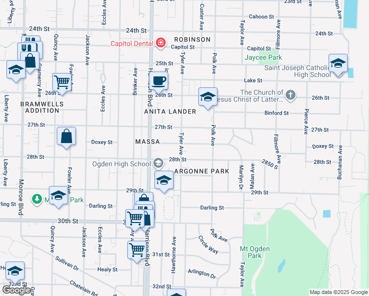 map of restaurants, bars, coffee shops, grocery stores, and more near 1310 Marilyn Drive in Ogden