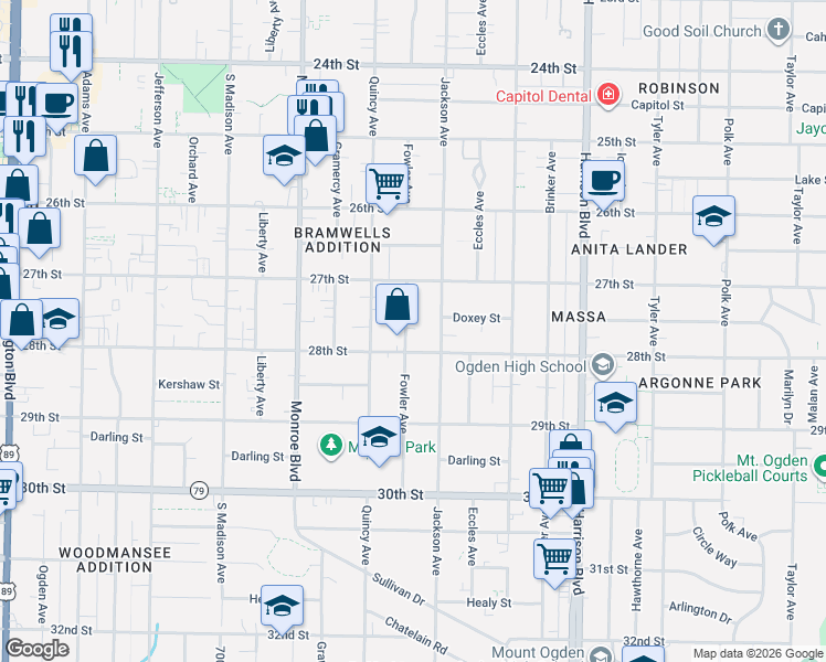 map of restaurants, bars, coffee shops, grocery stores, and more near 2764 Fowler Avenue in Ogden