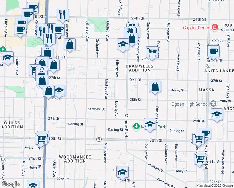 map of restaurants, bars, coffee shops, grocery stores, and more near 2735 Liberty Avenue in Ogden