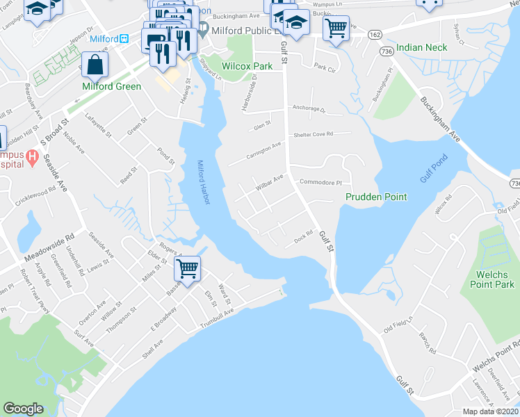 map of restaurants, bars, coffee shops, grocery stores, and more near 54 Wilbar Avenue in Milford