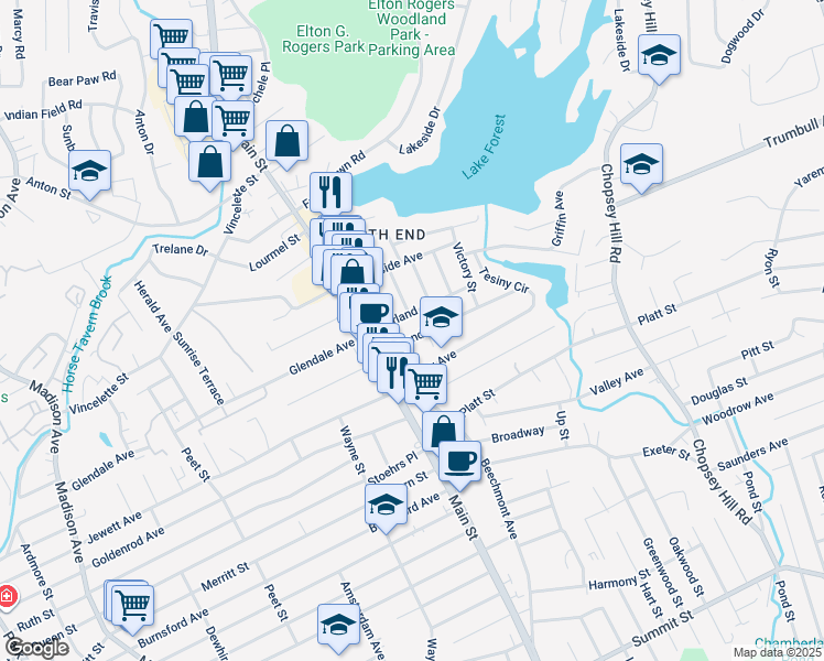 map of restaurants, bars, coffee shops, grocery stores, and more near 144 Overland Avenue in Bridgeport