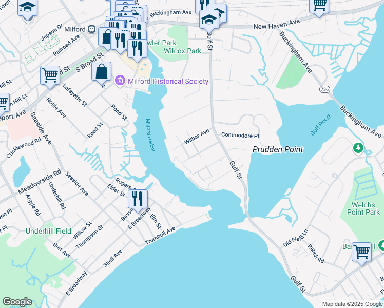 map of restaurants, bars, coffee shops, grocery stores, and more near 54 Wilbar Avenue in Milford