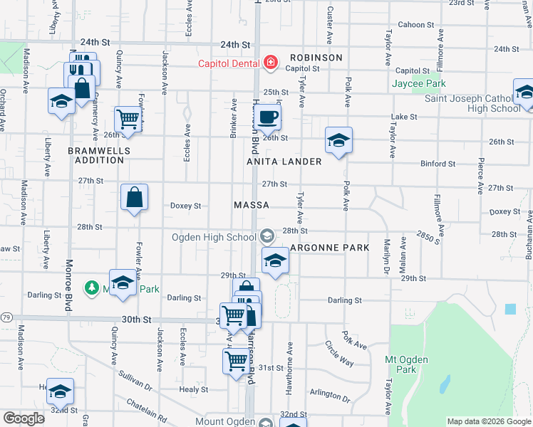 map of restaurants, bars, coffee shops, grocery stores, and more near 2726 Harrison Boulevard in Ogden