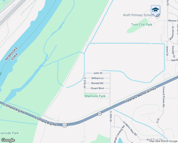 map of restaurants, bars, coffee shops, grocery stores, and more near 3616 John Street in Council Bluffs