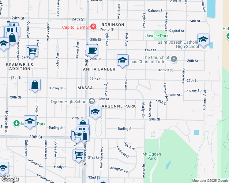 map of restaurants, bars, coffee shops, grocery stores, and more near 1337 Marilyn Drive in Ogden
