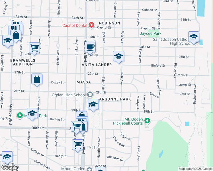map of restaurants, bars, coffee shops, grocery stores, and more near 1310 Marilyn Drive in Ogden