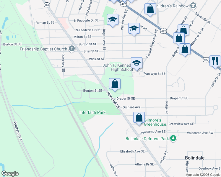 map of restaurants, bars, coffee shops, grocery stores, and more near 2807 Niles Road Southeast in Warren