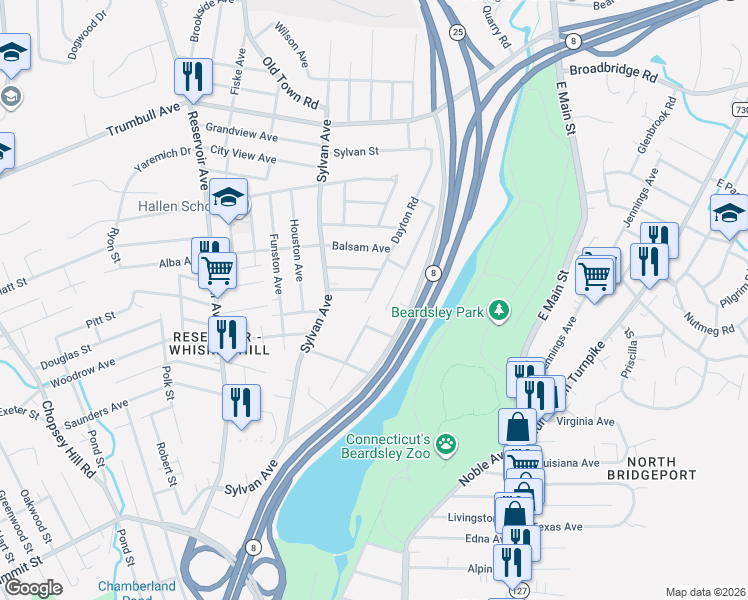 map of restaurants, bars, coffee shops, grocery stores, and more near 78 Dayton Road in Bridgeport