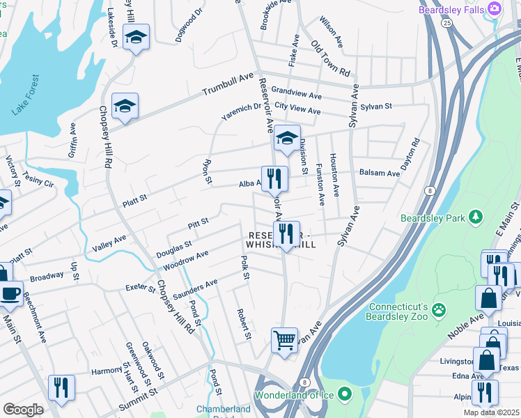 map of restaurants, bars, coffee shops, grocery stores, and more near 34 Lansing Place in Bridgeport
