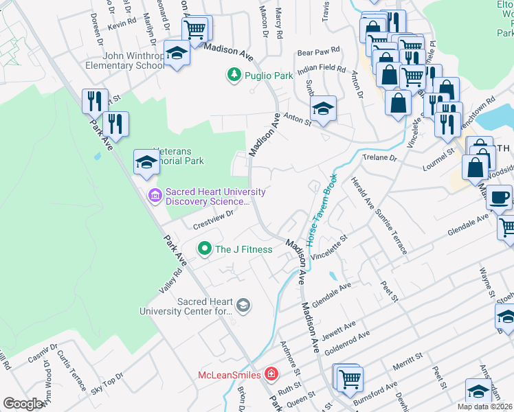 map of restaurants, bars, coffee shops, grocery stores, and more near 3012 Leslie Road in Bridgeport