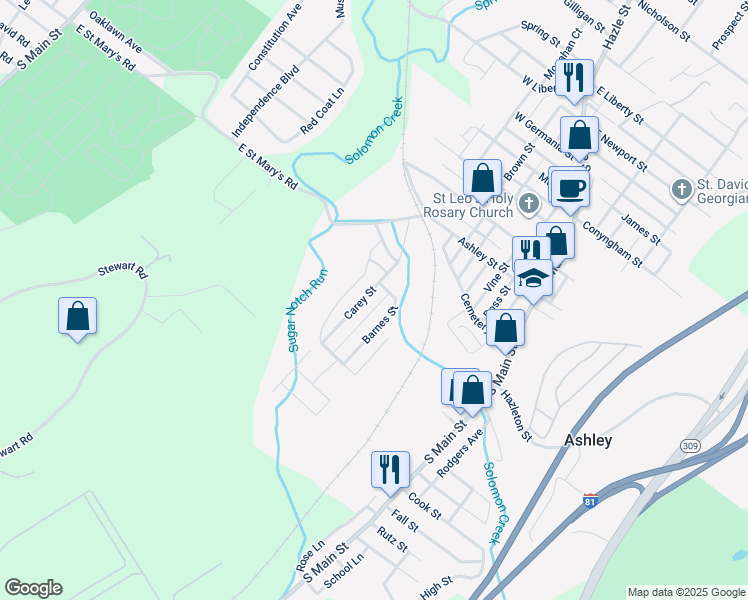 map of restaurants, bars, coffee shops, grocery stores, and more near 47 Carey St in Ashley