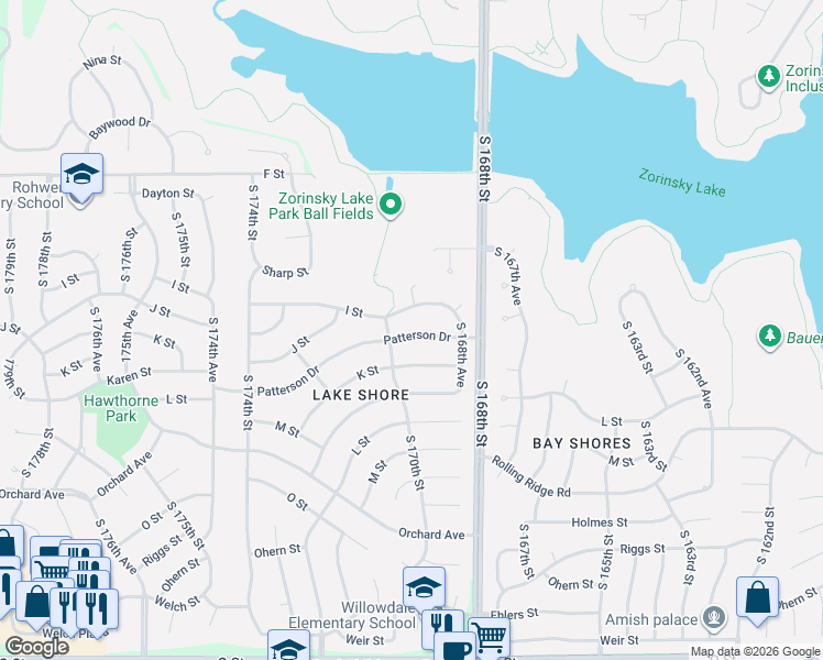 map of restaurants, bars, coffee shops, grocery stores, and more near 16953 I Street in Omaha