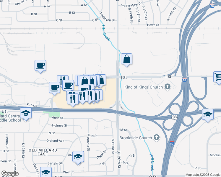 map of restaurants, bars, coffee shops, grocery stores, and more near 4411 South 121st Street in Omaha