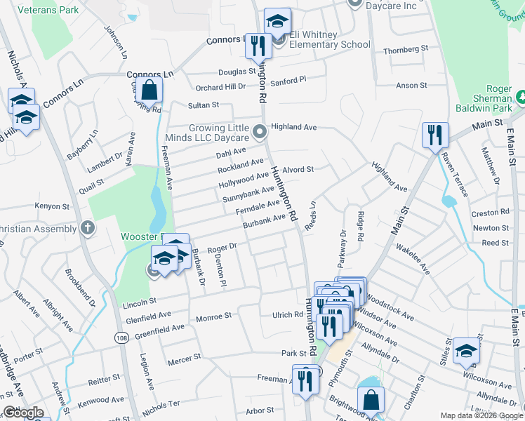 map of restaurants, bars, coffee shops, grocery stores, and more near 83 Ferndale Avenue in Stratford