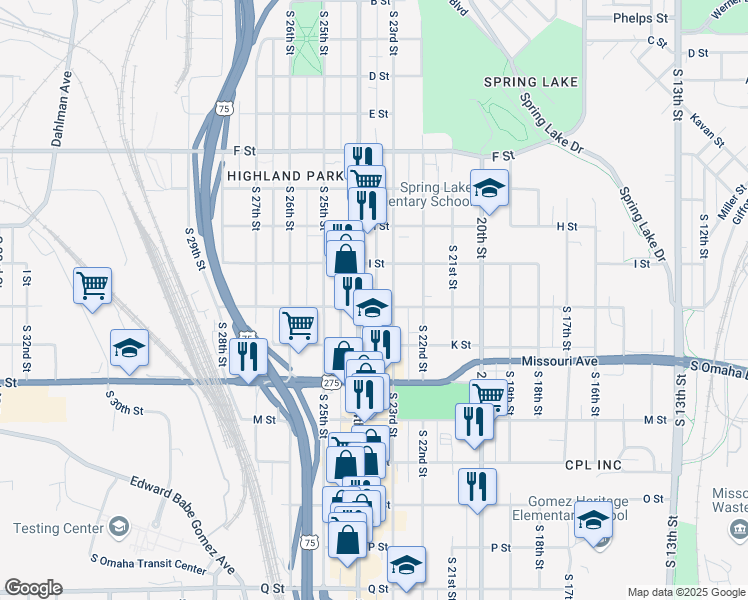 map of restaurants, bars, coffee shops, grocery stores, and more near 2312 J Street in Omaha