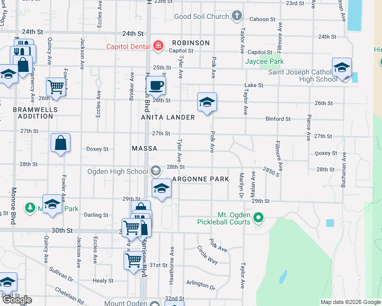 map of restaurants, bars, coffee shops, grocery stores, and more near 1337 Marilyn Drive in Ogden