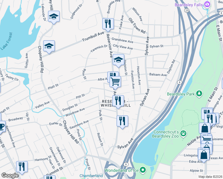 map of restaurants, bars, coffee shops, grocery stores, and more near 34 Lansing Place in Bridgeport