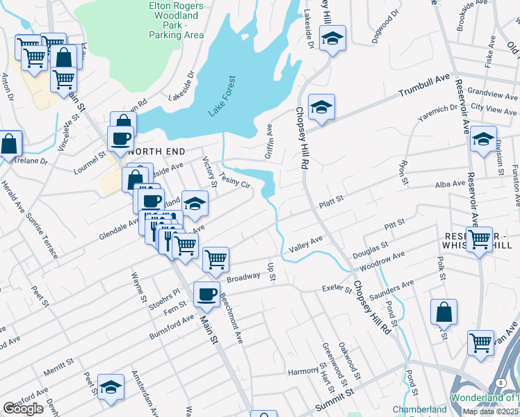 map of restaurants, bars, coffee shops, grocery stores, and more near 95 Overlook Avenue in Bridgeport