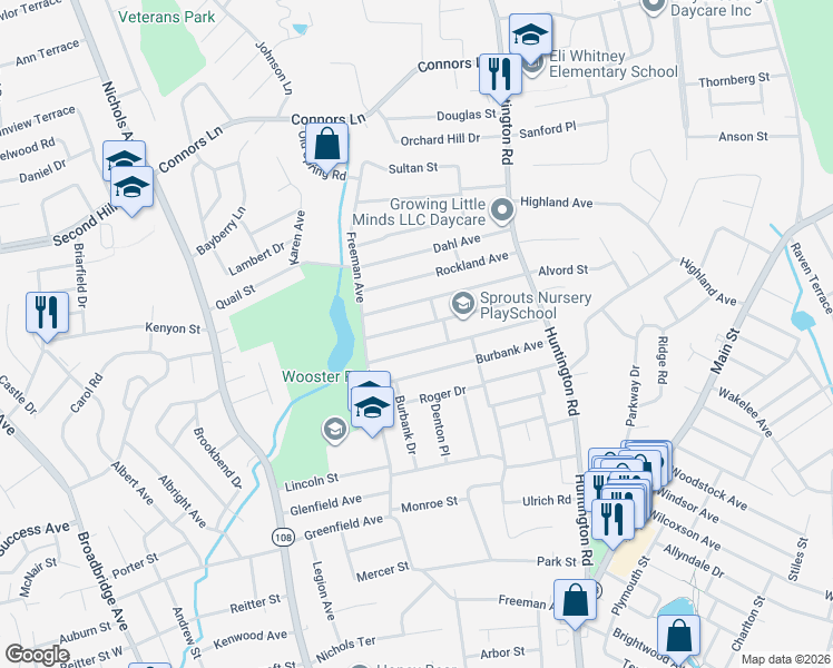 map of restaurants, bars, coffee shops, grocery stores, and more near 264 Sunnybank Avenue in Stratford