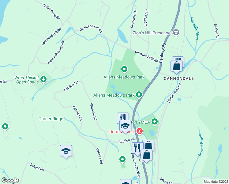 map of restaurants, bars, coffee shops, grocery stores, and more near 395 Danbury Road in Wilton