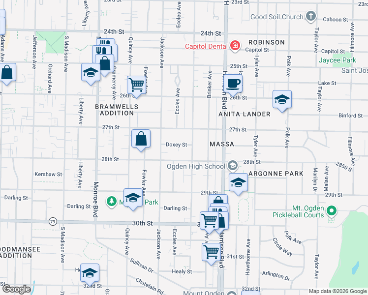 map of restaurants, bars, coffee shops, grocery stores, and more near 1067 Doxey Street in Ogden