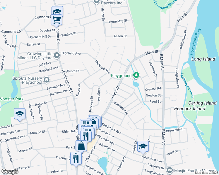 map of restaurants, bars, coffee shops, grocery stores, and more near 29 Highland Avenue in Stratford