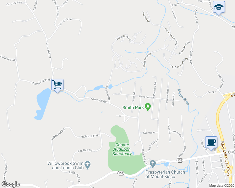 map of restaurants, bars, coffee shops, grocery stores, and more near 1 Kisco Park Drive in Mount Kisco