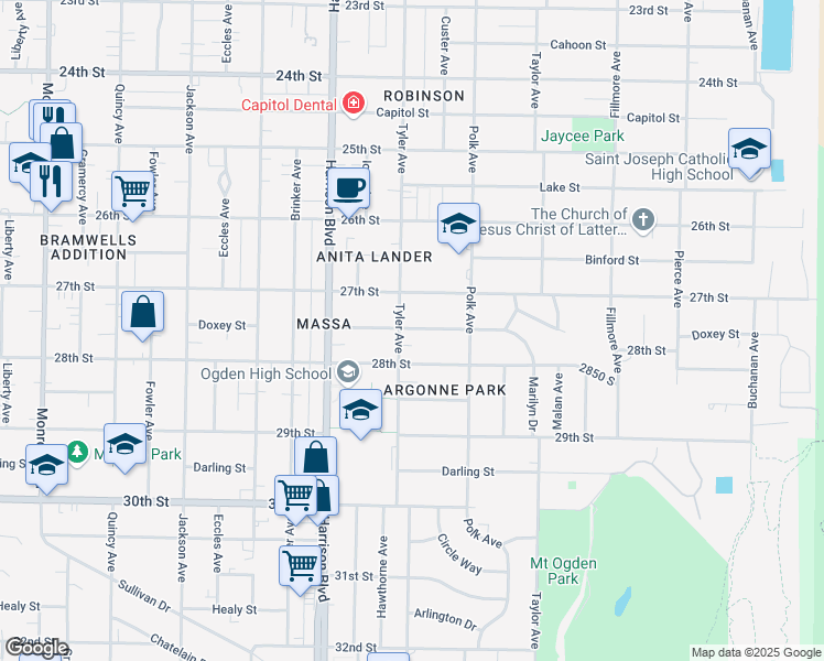 map of restaurants, bars, coffee shops, grocery stores, and more near 1310 Marilyn Drive in Ogden