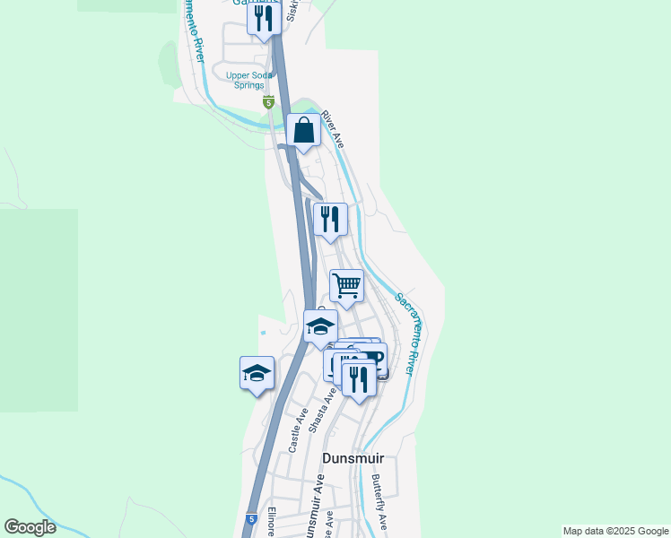 map of restaurants, bars, coffee shops, grocery stores, and more near 5543-5595 Sacramento Avenue in Dunsmuir