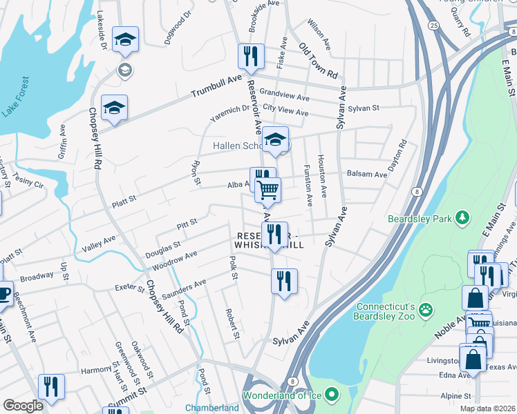 map of restaurants, bars, coffee shops, grocery stores, and more near 34 Lansing Place in Bridgeport
