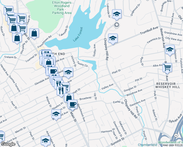 map of restaurants, bars, coffee shops, grocery stores, and more near 95 Overlook Avenue in Bridgeport
