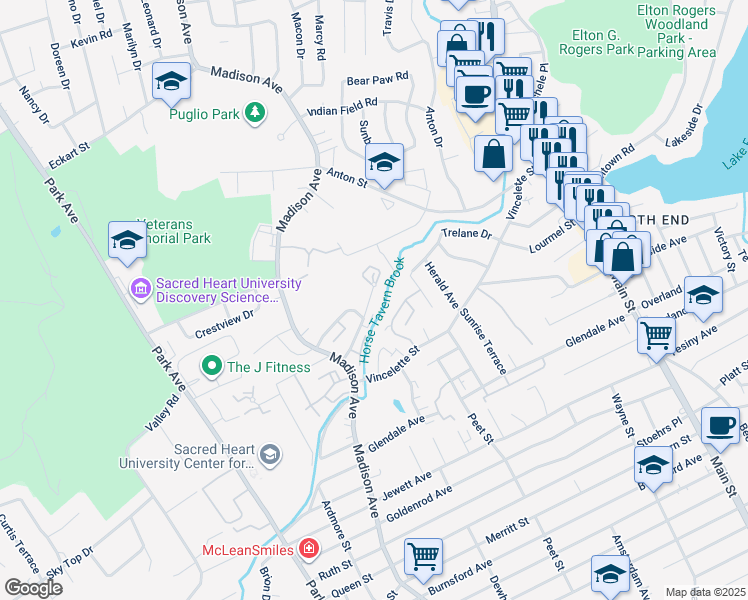 map of restaurants, bars, coffee shops, grocery stores, and more near 19 Abner Court in Bridgeport