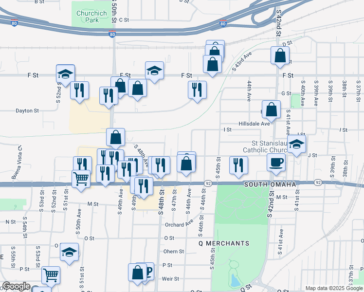 map of restaurants, bars, coffee shops, grocery stores, and more near 4422 South 47th Street in Omaha
