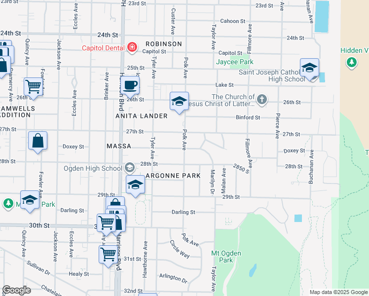 map of restaurants, bars, coffee shops, grocery stores, and more near 1400 Marilyn Drive in Ogden