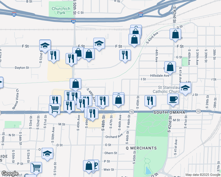 map of restaurants, bars, coffee shops, grocery stores, and more near 4422 South 47th Street in Omaha