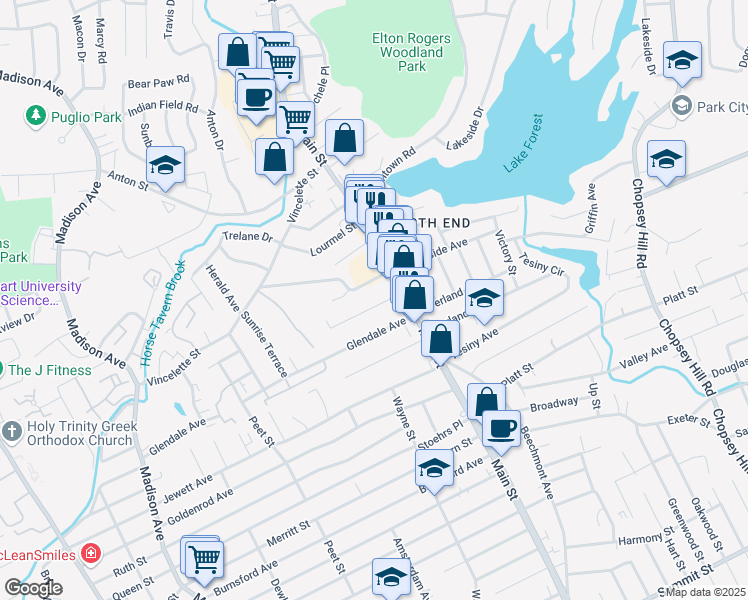 map of restaurants, bars, coffee shops, grocery stores, and more near 64 Woodmont Avenue in Bridgeport
