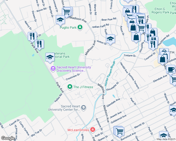 map of restaurants, bars, coffee shops, grocery stores, and more near 2990 Madison Avenue in Bridgeport