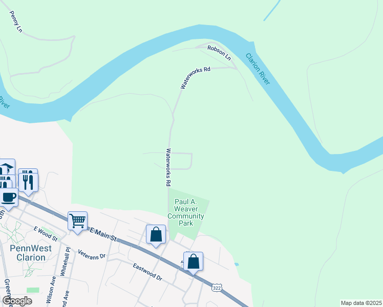 map of restaurants, bars, coffee shops, grocery stores, and more near 201 Steepleview Dr in Clarion