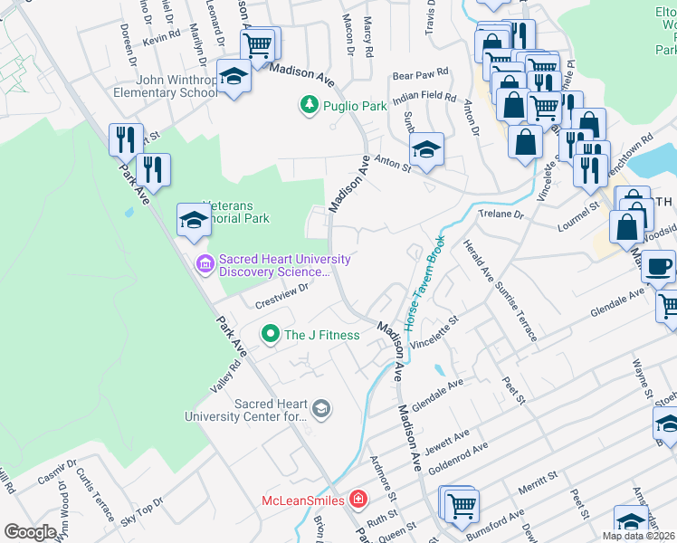 map of restaurants, bars, coffee shops, grocery stores, and more near 3012 Leslie Road in Bridgeport