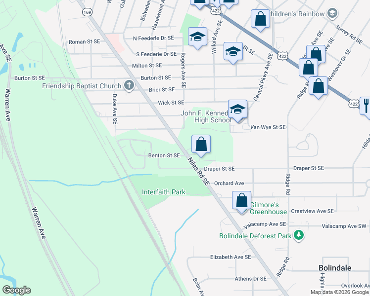 map of restaurants, bars, coffee shops, grocery stores, and more near 2807 Niles Road Southeast in Warren