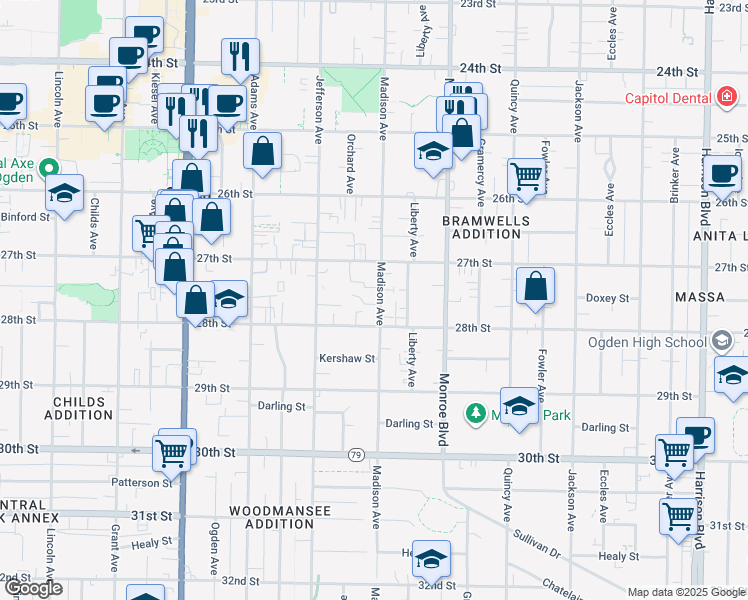 map of restaurants, bars, coffee shops, grocery stores, and more near 2751 Madison Avenue in Ogden