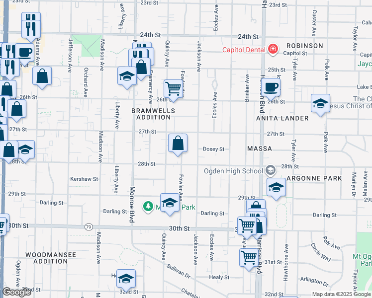map of restaurants, bars, coffee shops, grocery stores, and more near 2733 Fowler Avenue in Ogden